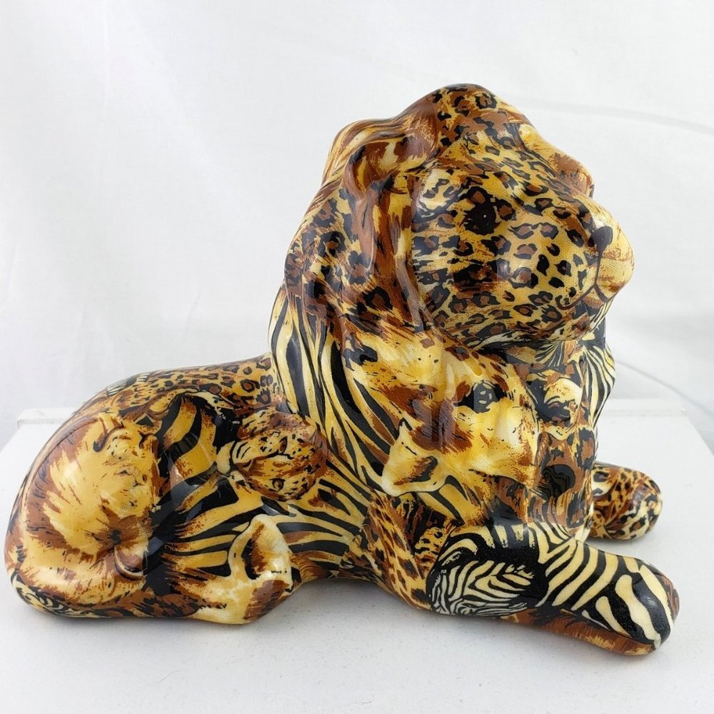 La Vie Lion Patchwork Fabric and Ceramic Sculpture